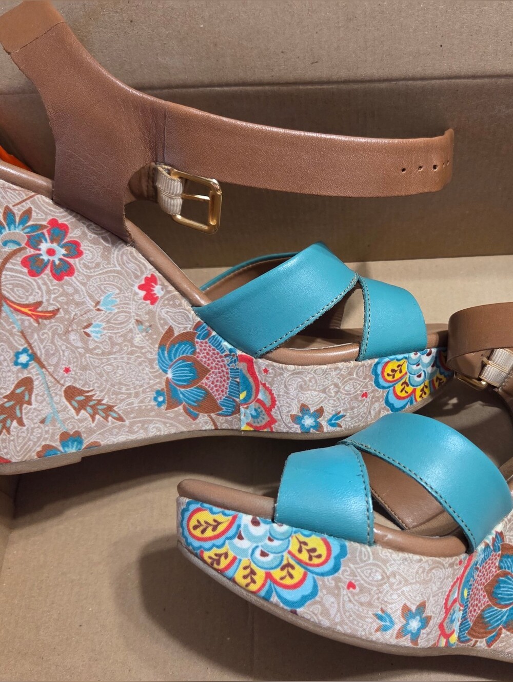 Flexi Turquoise and Tan Floral Print Wedge Sandals